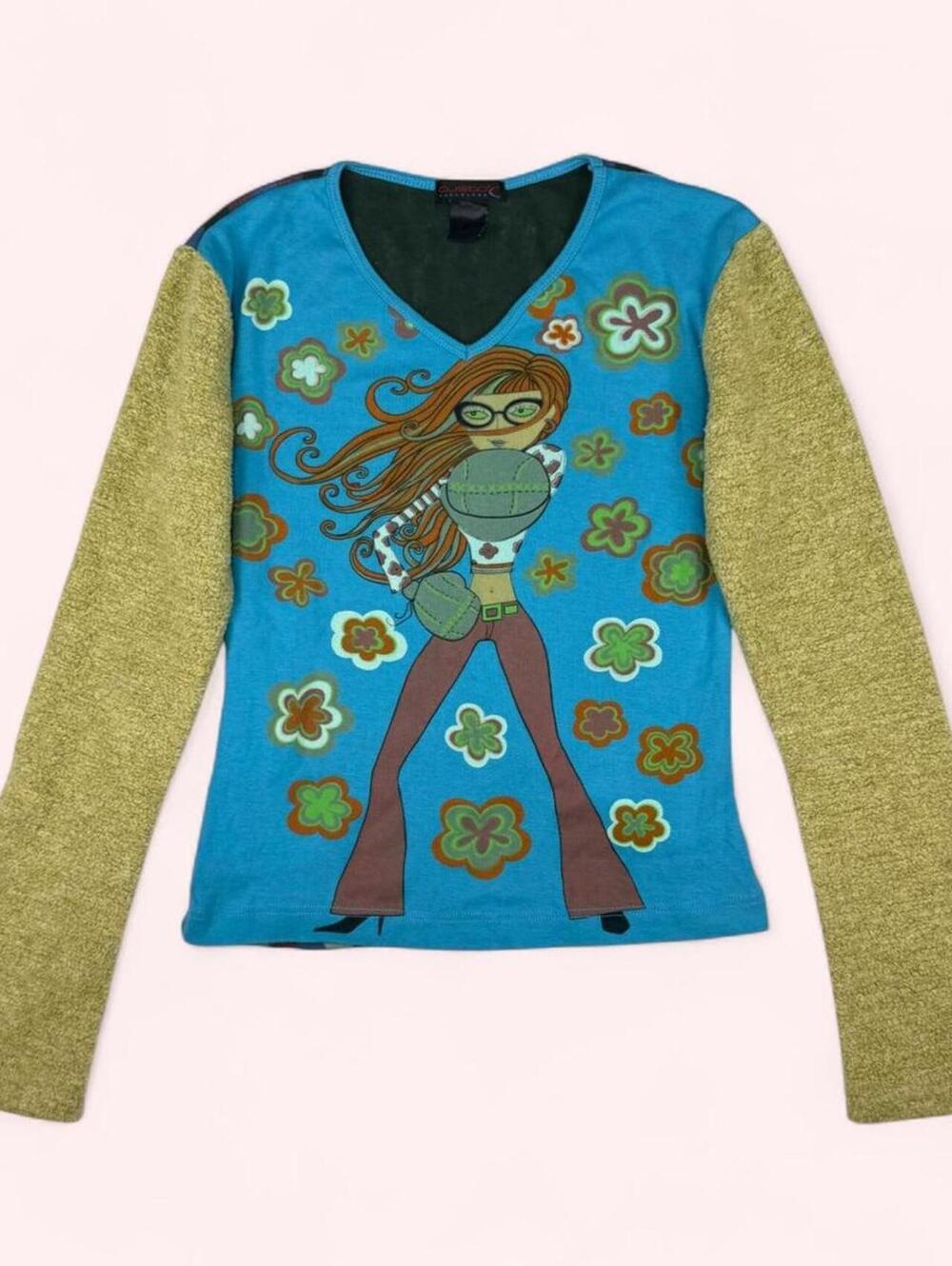 Rare Y2K Custo Barcelona long sleeve top with boxing girl & textured sleeves